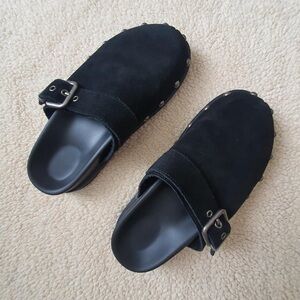 Black Suede Clogs with Buckle